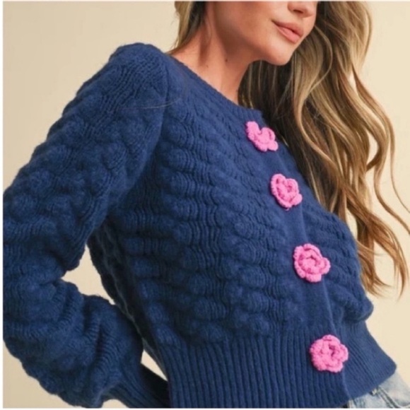 Elegant Blue Cardigan with Pink Floral Details - Picture 2 of 16